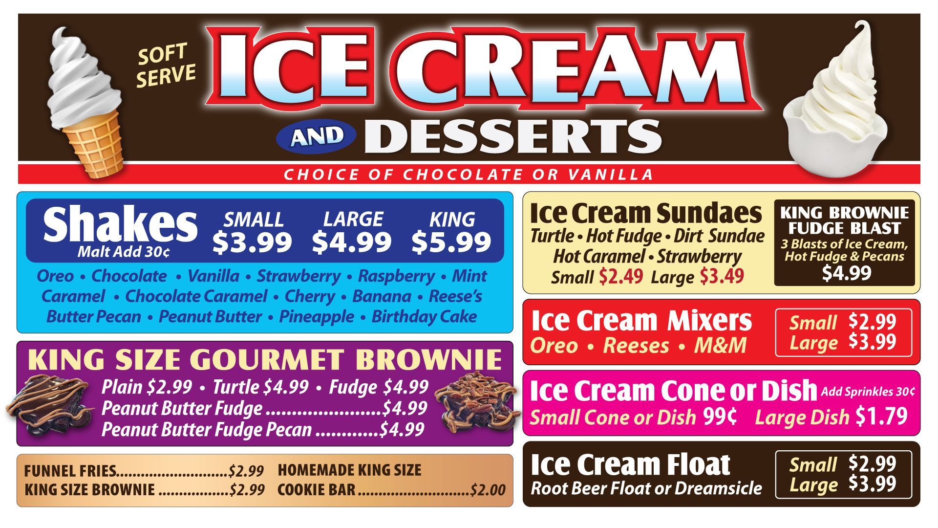 ice cream and desserts menu