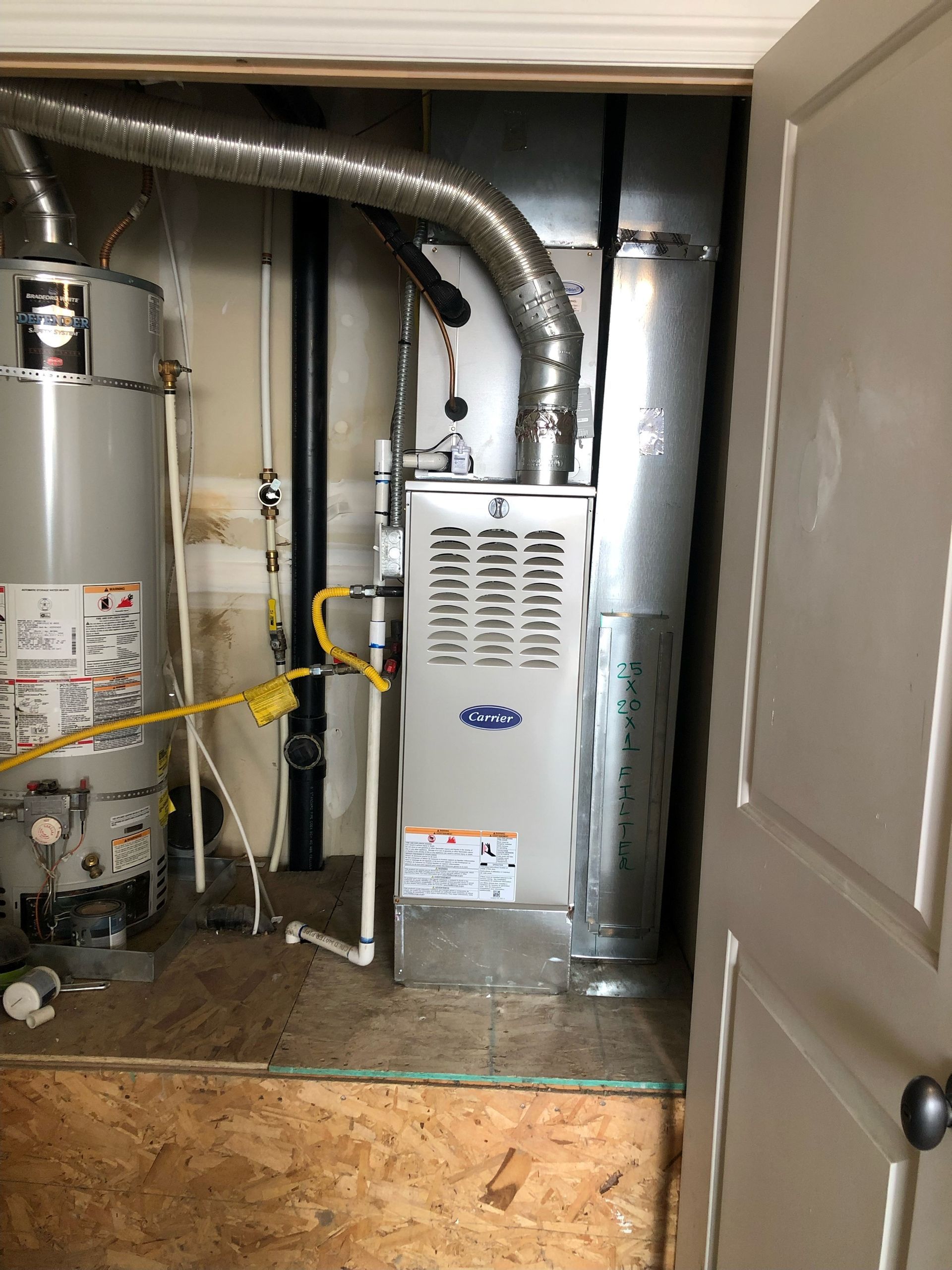 A room with a heater and a water heater in it.