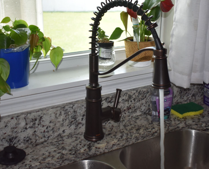 Black kitchen faucet over a sink by a window with potted plants on the sill