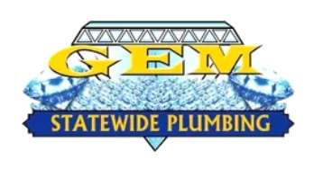 GEM Statewide Plumbing logo with yellow text over a blue water splash and dark blue banner