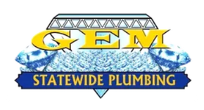 GEM Statewide Plumbing logo with yellow text over a blue water splash and dark blue banner