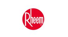 Rheem logo in white on a red circle background
