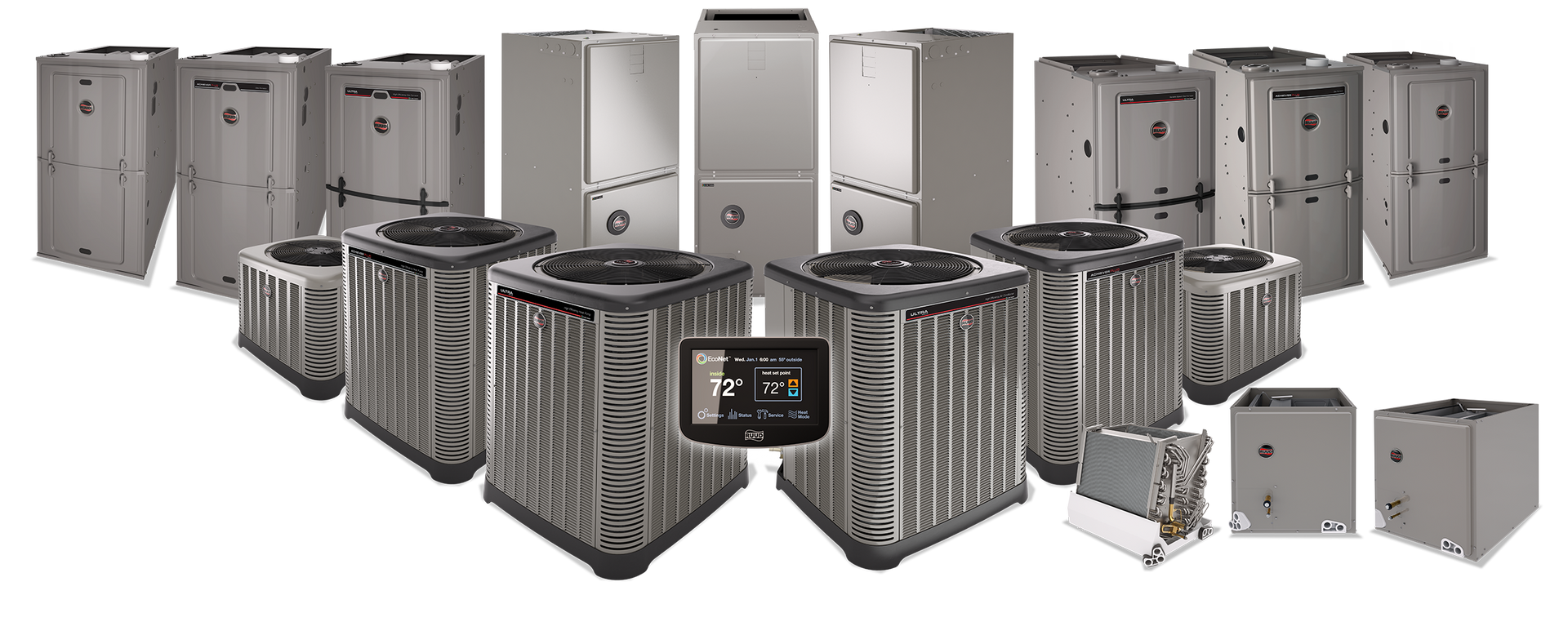 An assortment of HVAC equipment, including air conditioning units, furnaces, and a smart thermostat.
