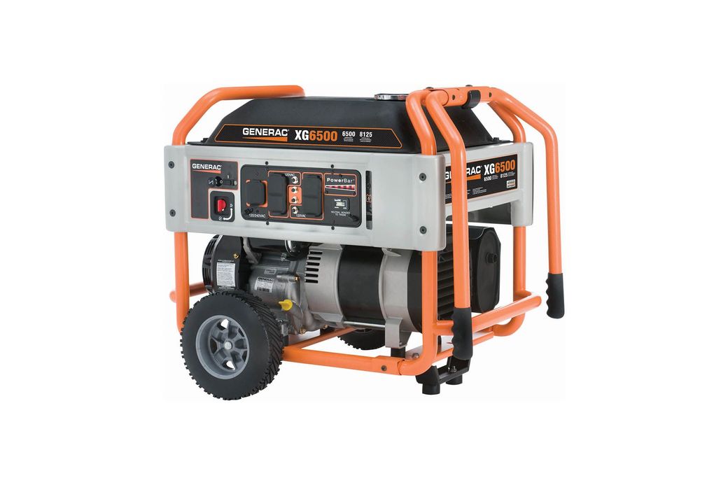 Generac XG6500 portable generator with orange frame, black and silver body, wheels.