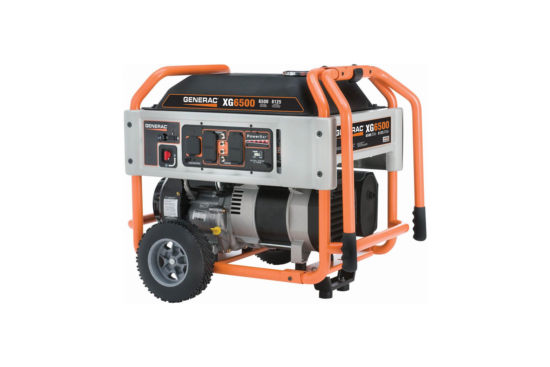 Generac XG6500 portable generator with orange frame, black and silver body, wheels.