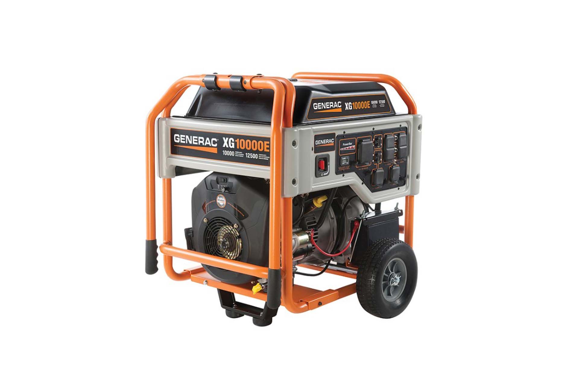 Orange and gray generator with a black engine and wheels.