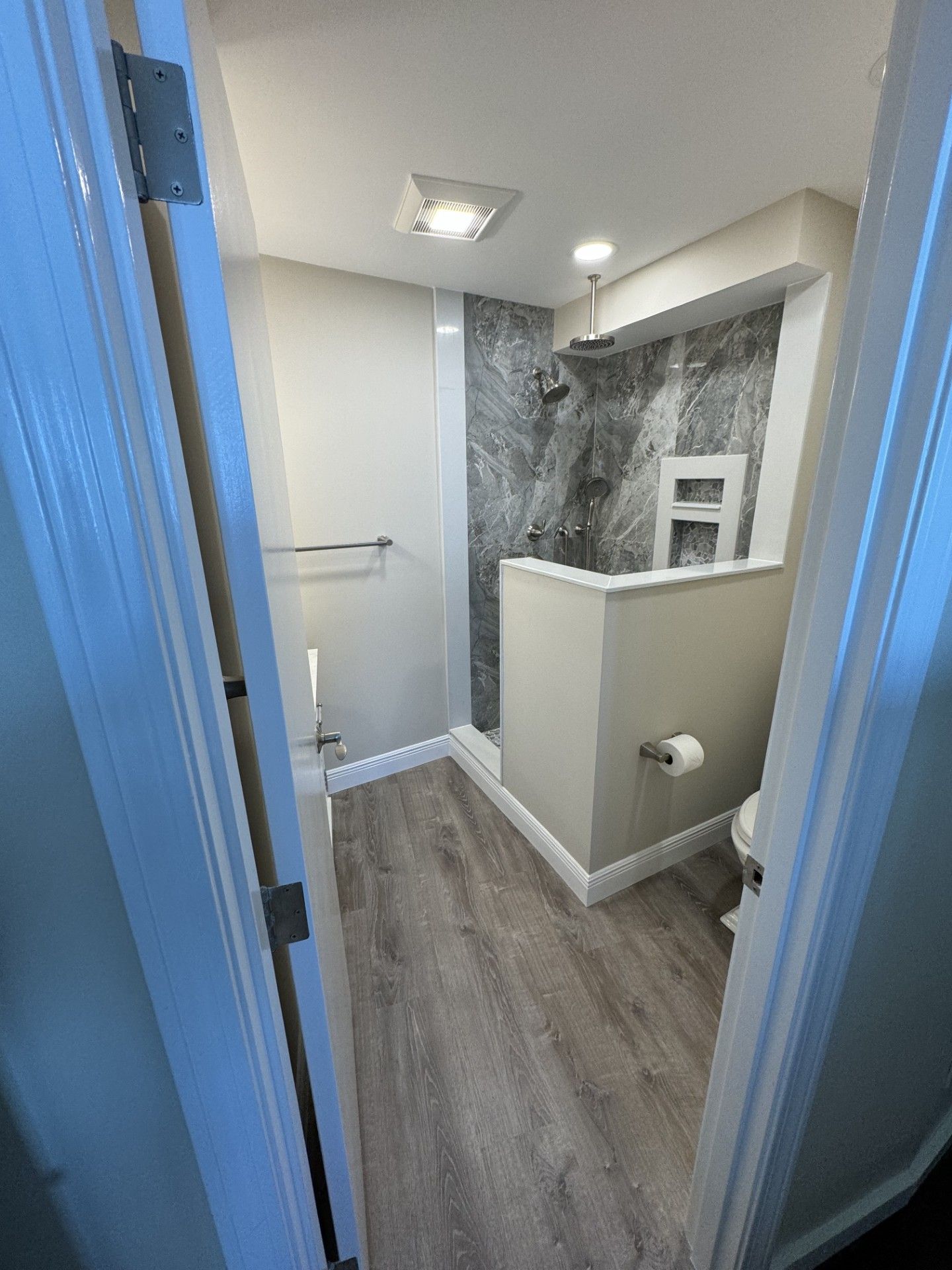 A bathroom with a walk-in shower and a toilet
