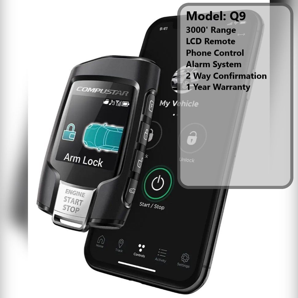 A car alarm system is sitting on top of a cell phone.