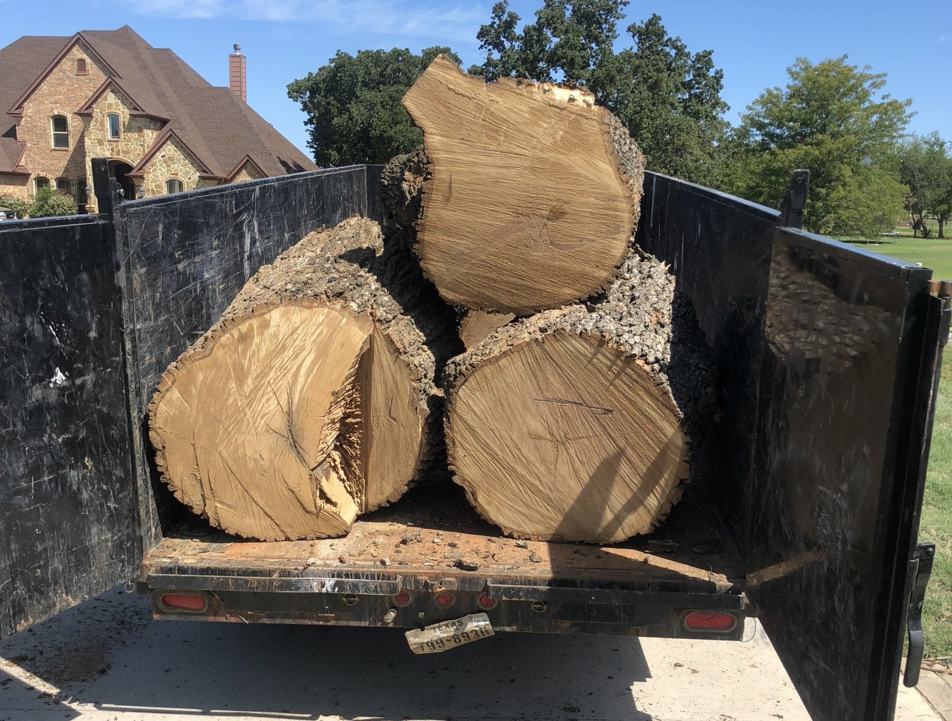 Logs in a trailer; three large tree trunks with exposed wood grain.