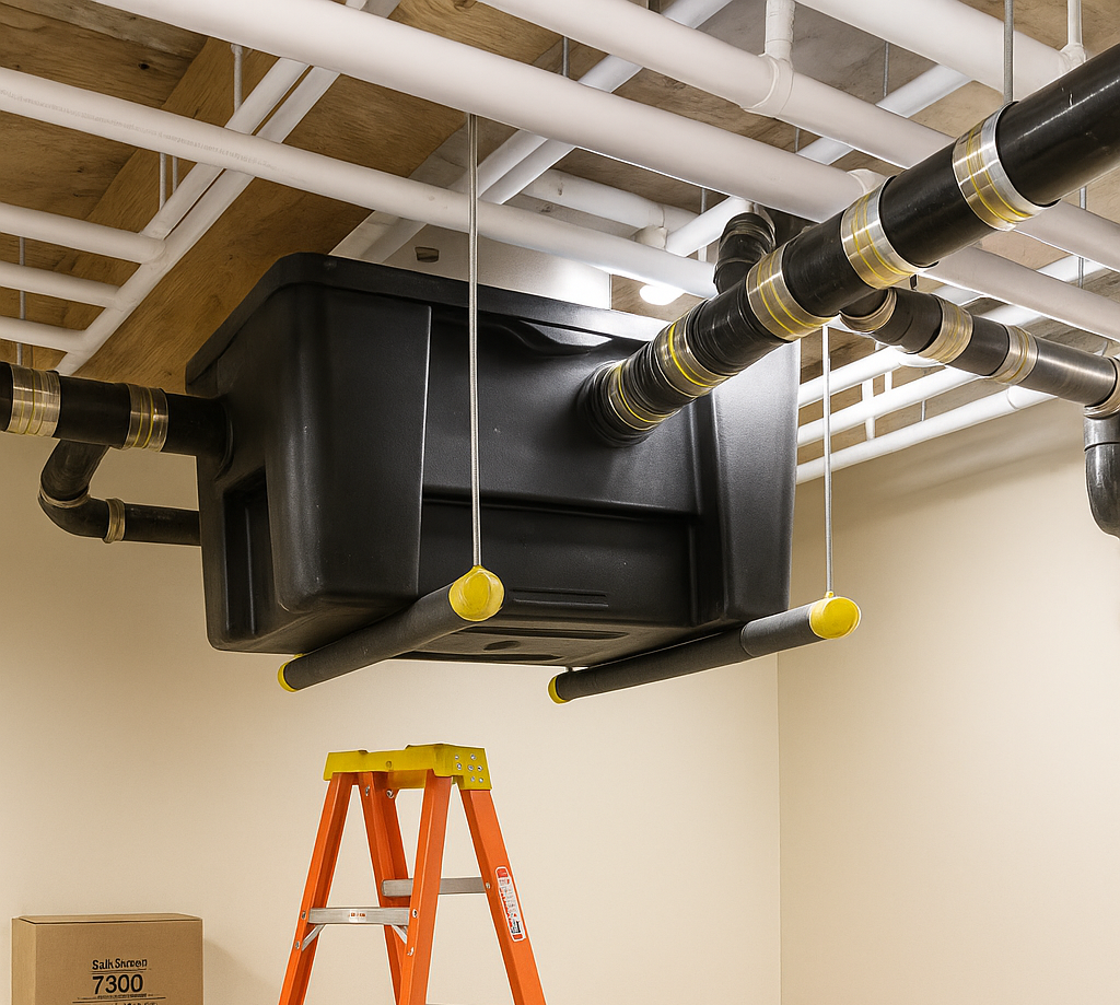 A greasy, rusty food waste trap near a stainless steel surface.