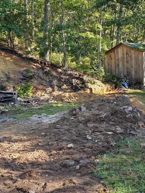 A dirt road leading to a wooden shed in the woods.