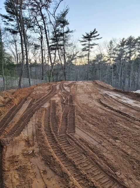 A dirt road with tire tracks on it and trees in the background.