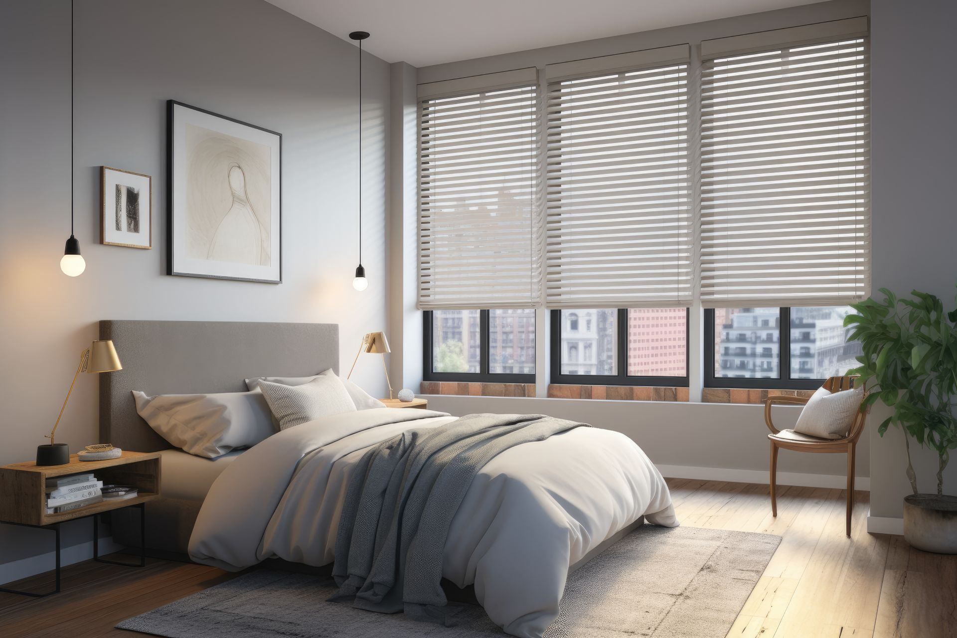 Modern bedroom with unmade bed, large window blinds, soft gray tones, and warm sunlight