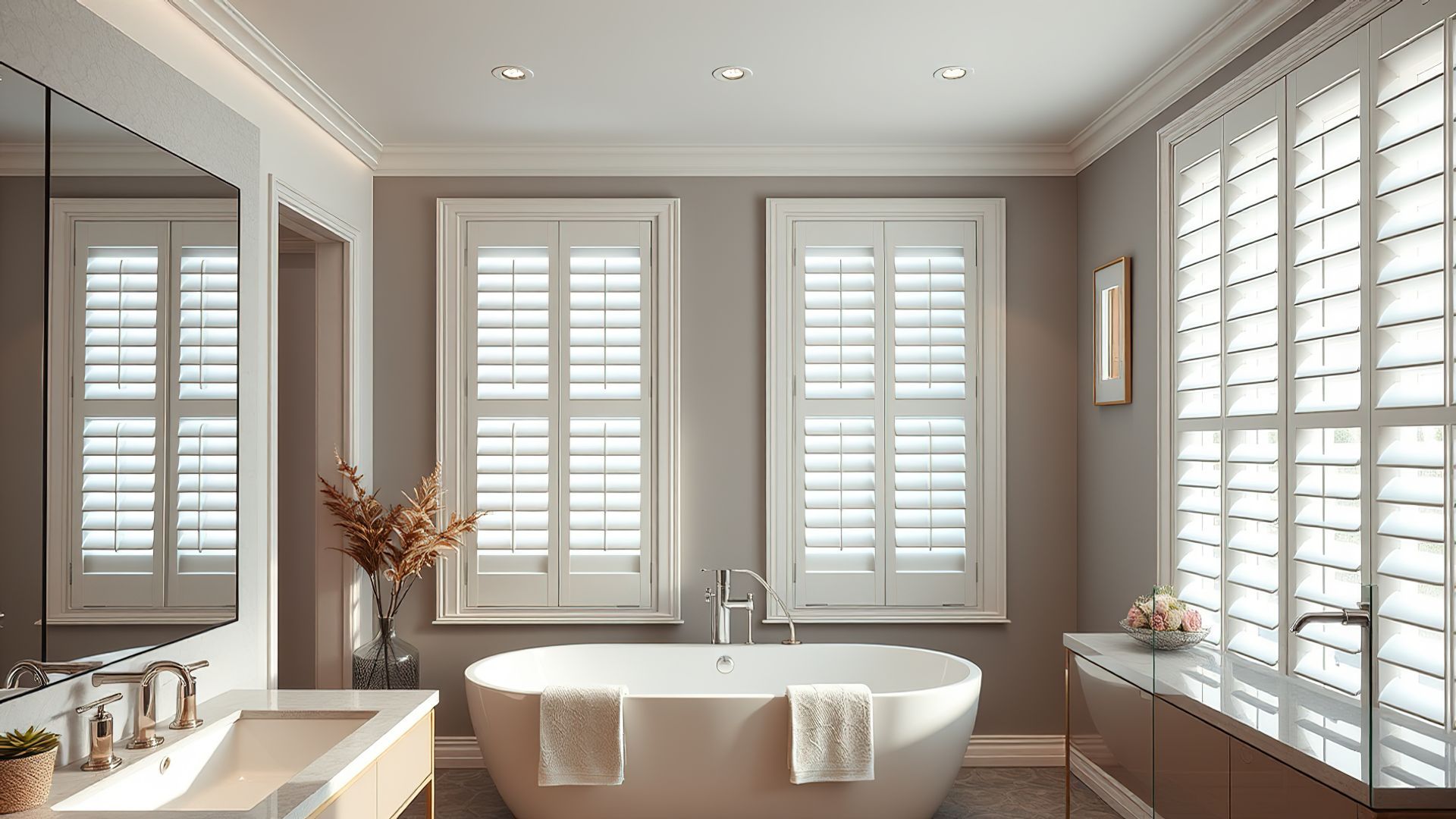 Bright bathroom with white bathtub, vanity, and large shuttered windows in soft beige tones