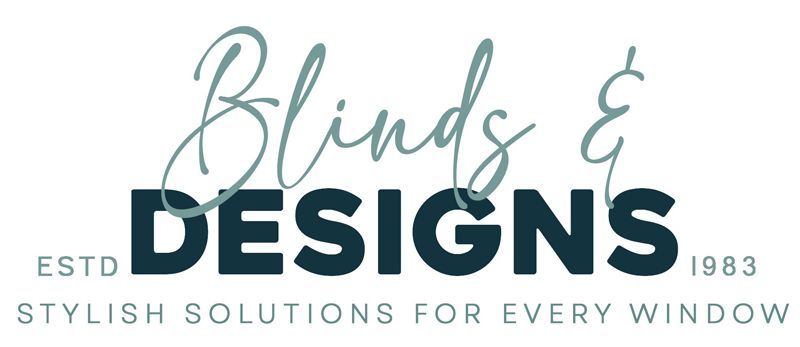 Logo for "Blinds & Designs," with script "Blinds &" over bold "DESIGNS." Established 1983. Tagline: "Stylish Solutions for Every Window."