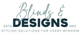 Logo for "Blinds & Designs," with script "Blinds &" over bold "DESIGNS." Established 1983. Tagline: "Stylish Solutions for Every Window."