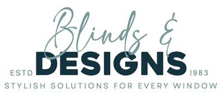 Logo for "Blinds & Designs," with script "Blinds &" over bold "DESIGNS." Established 1983. Tagline: "Stylish Solutions for Every Window."