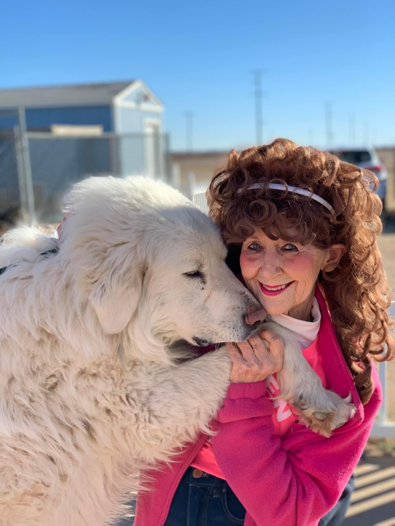 A woman in a pink sweater is petting a white dog.