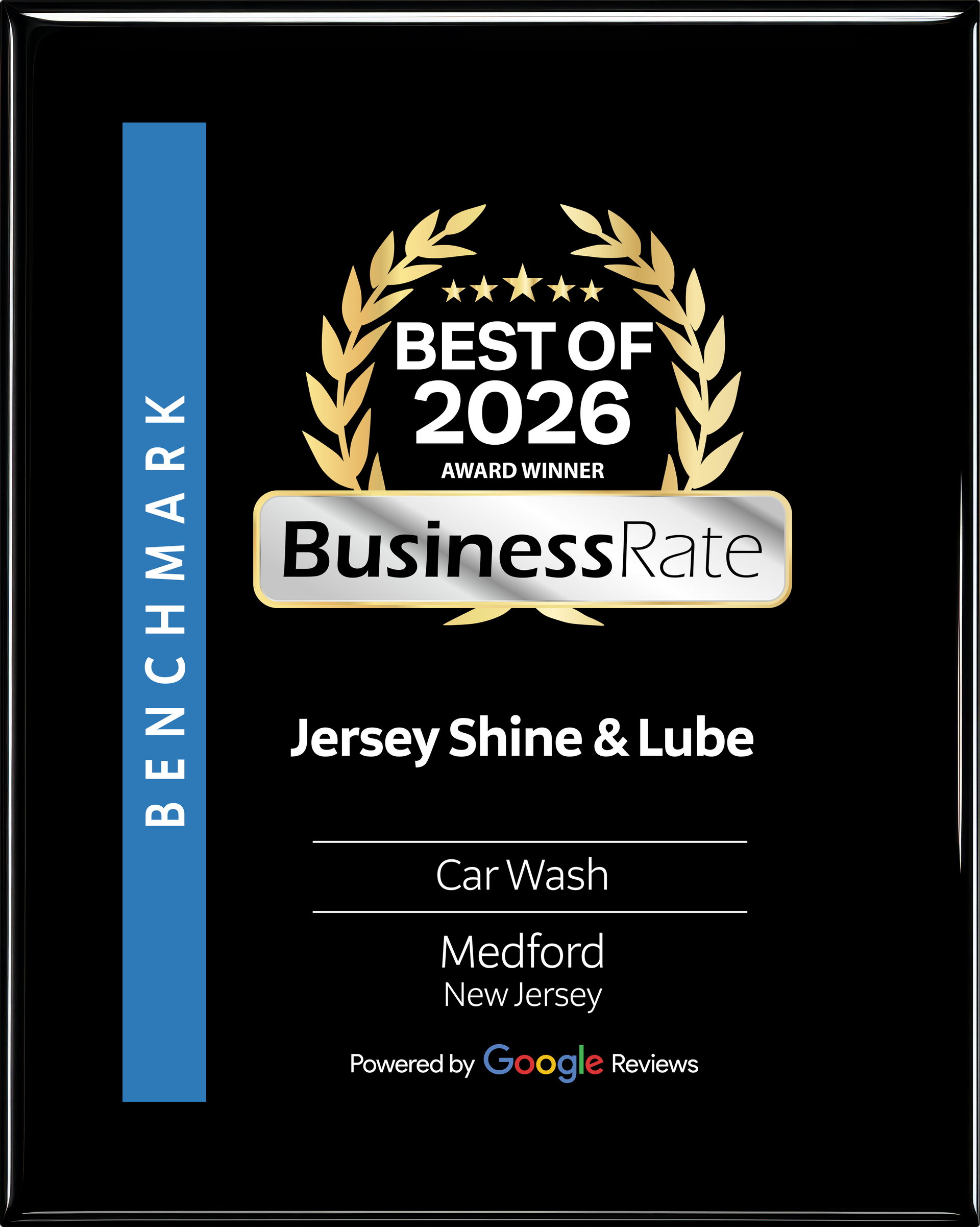 A black plaque awarded to Jersey Shine & Lube in Medford, NJ, was named Best of 2026 Car Wash by BusinessRate.