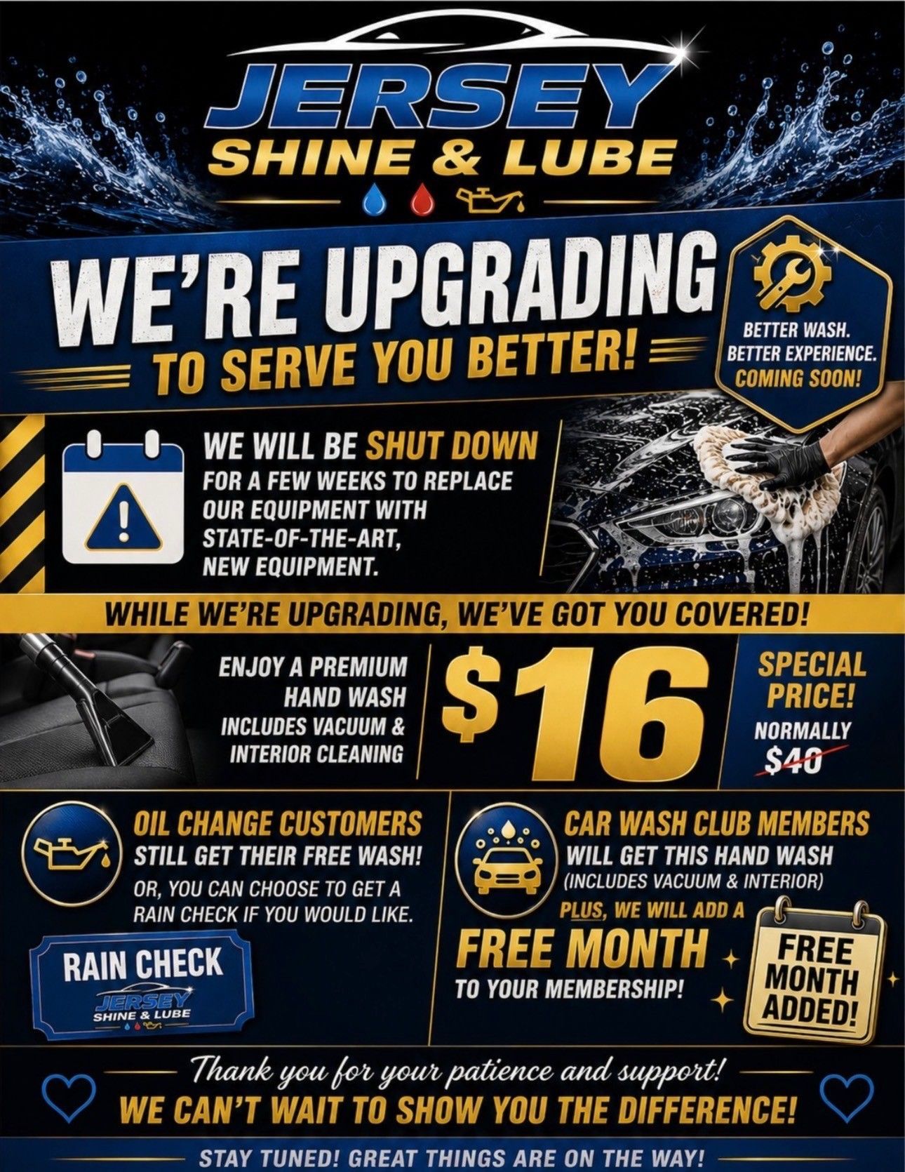 Jersey Shine & Lube ad with upgrade notice, $16 oil change, and service offer details on a dark blue background