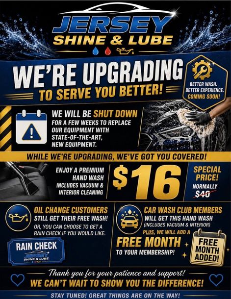 Jersey Shine & Lube ad announcing facility upgrades, $16 special, free month, and services with bold blue-and-gold layout