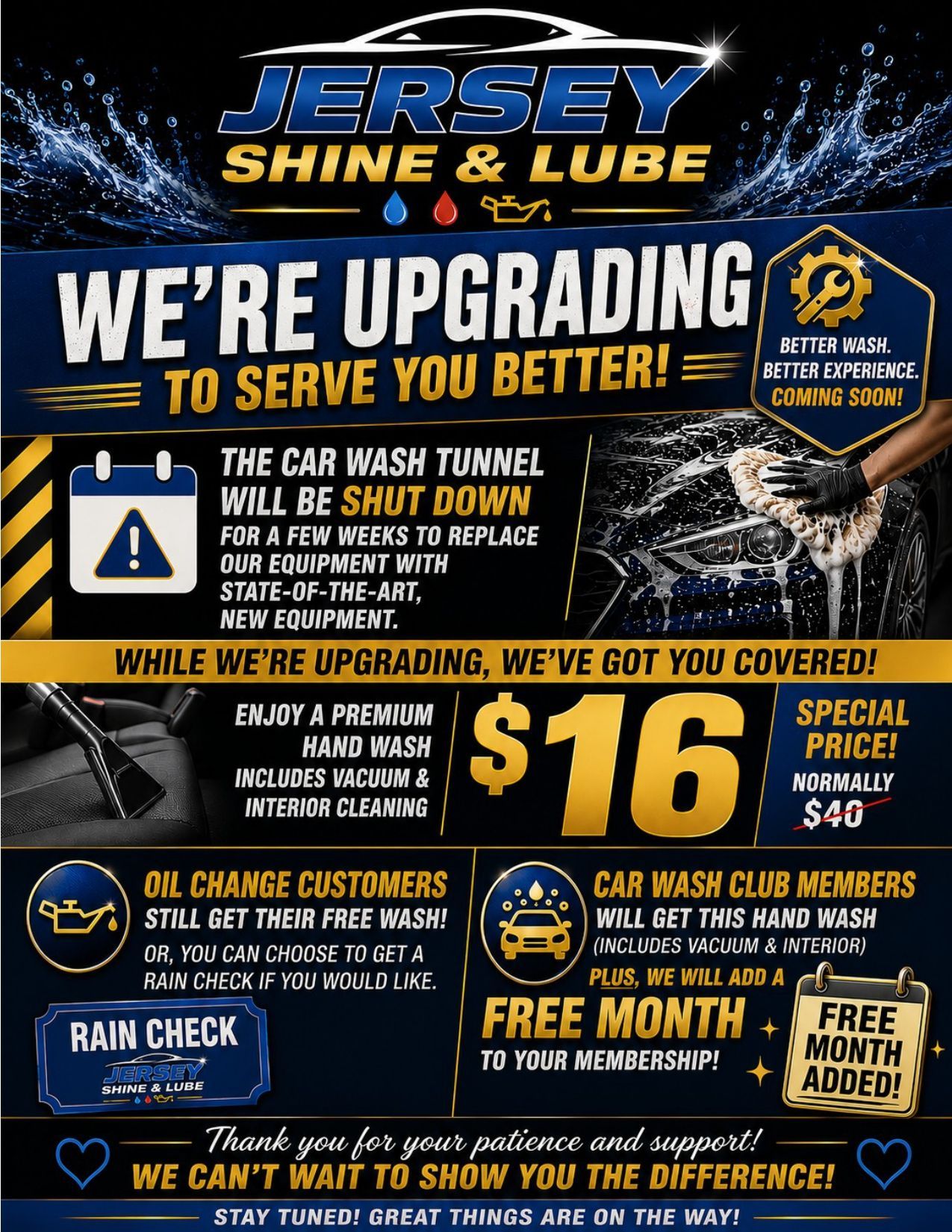 Blue and gold Jersey Shine & Lube ad announcing shop upgrades, $16 oil changes, and free month coverage