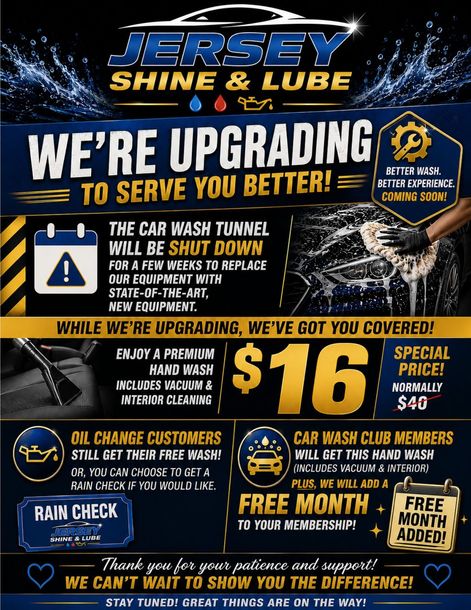Jersey Shine & Lube promo poster: we’re upgrading, $16 oil change, rain check, free month, special pricing