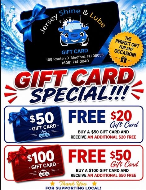 Jersey Shine & Lube service ad with bold blue-and-yellow promo text, $16 oil change, and tire service offer