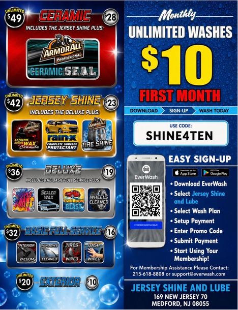 Jersey Shine & Lube promo poster: we’re upgrading, $16 oil change, rain check, free month, special pricing