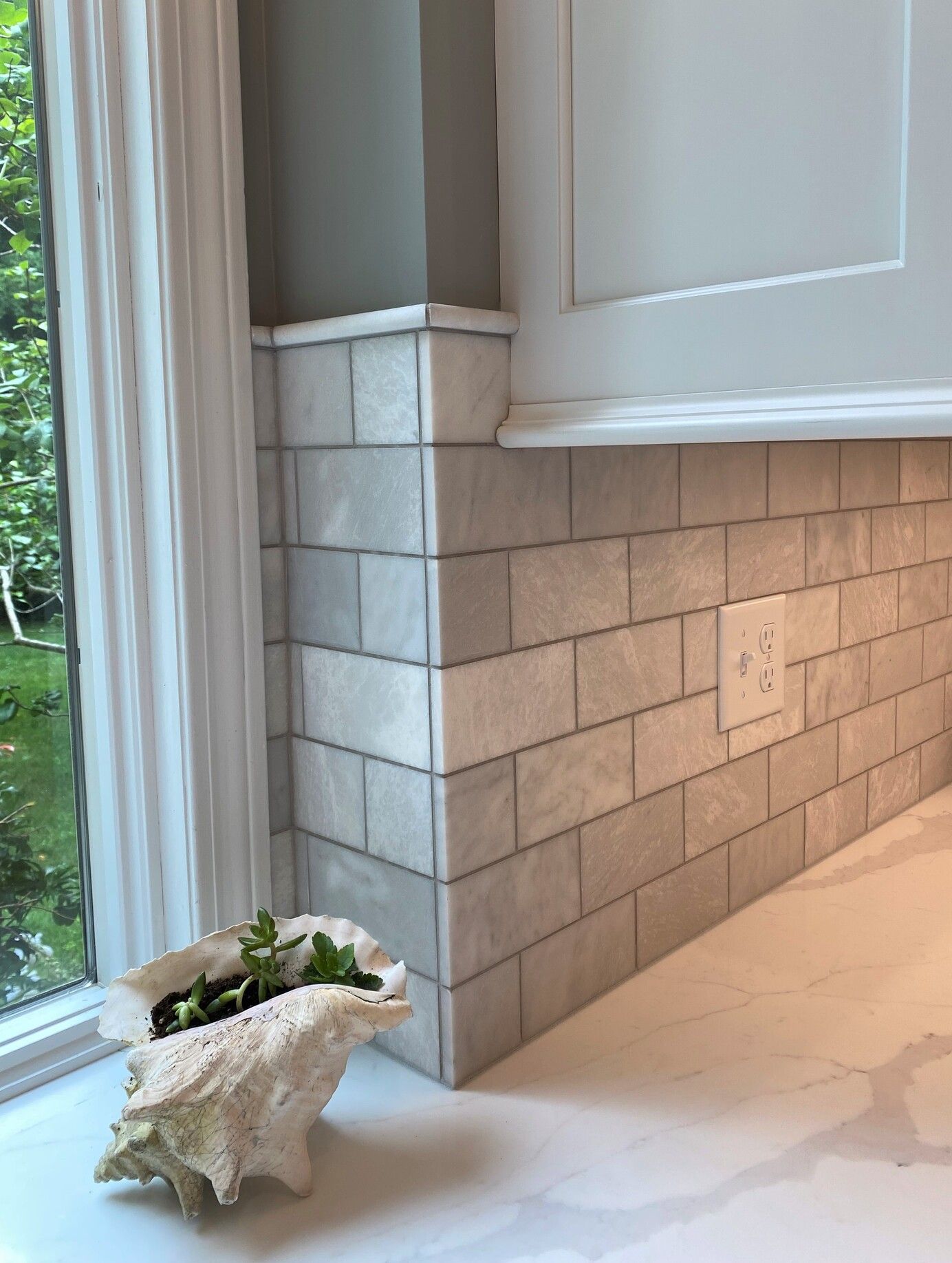 a sea shell is sitting on a counter next to a window