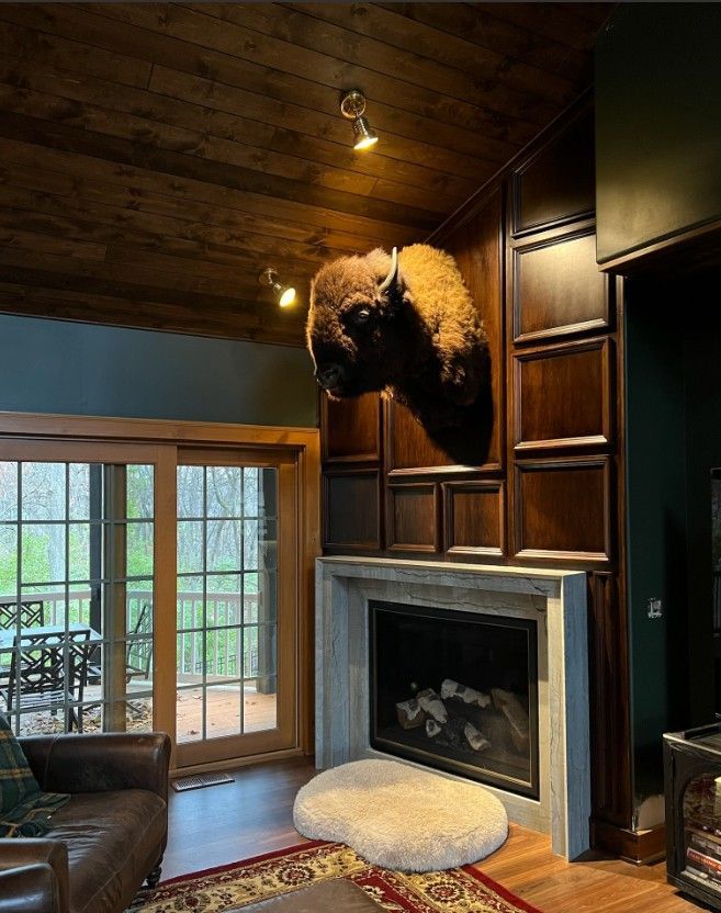 Living room with bison head above fireplace, dark wood paneling, sliding glass doors to a deck.