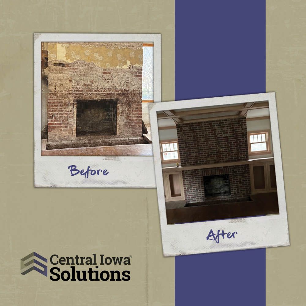 Before and after photos of a brick fireplace renovation; the fireplace is being updated and the setting is a room.