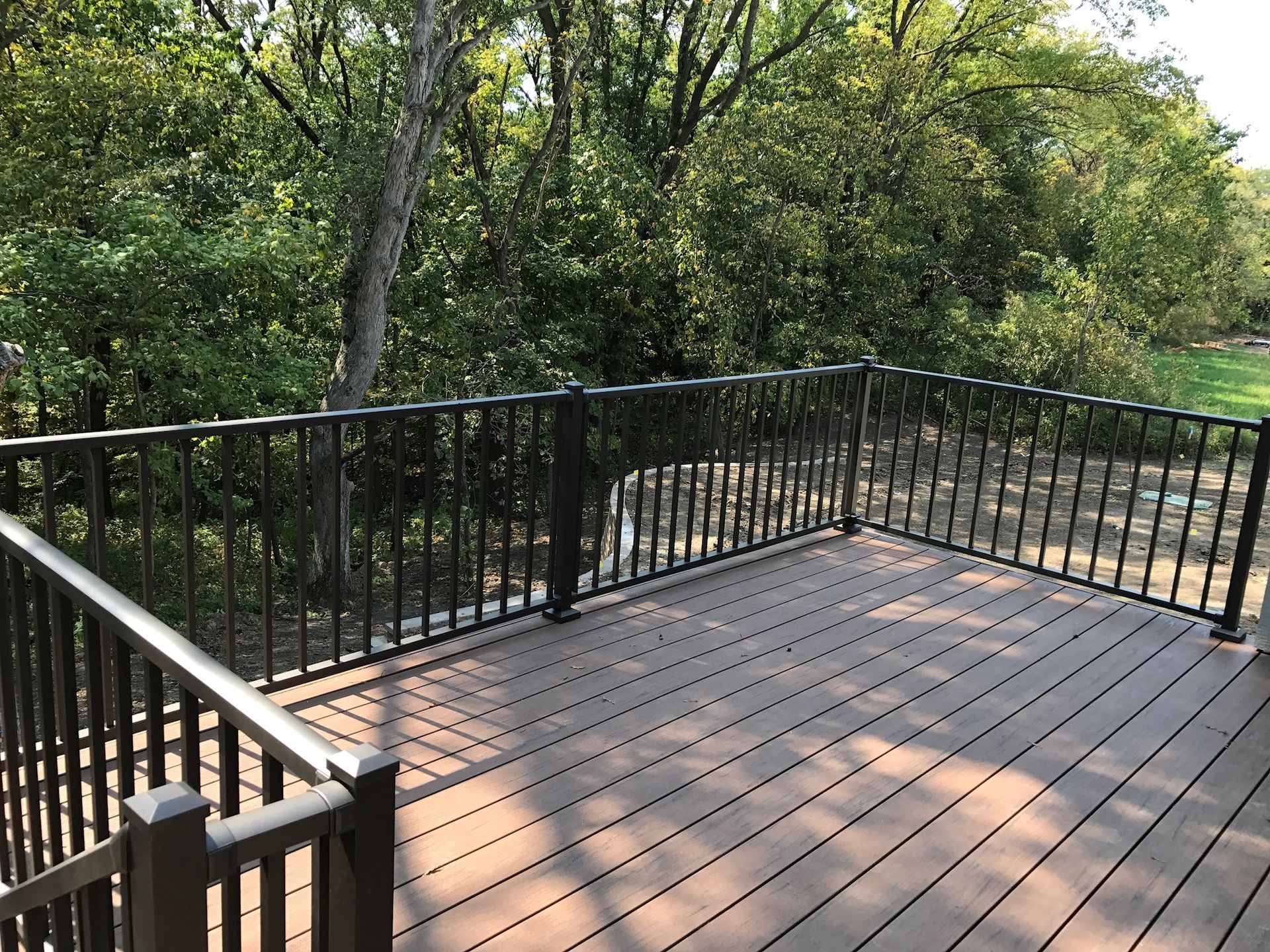 Wooden deck with black railings overlooking a wooded park area in daylight
