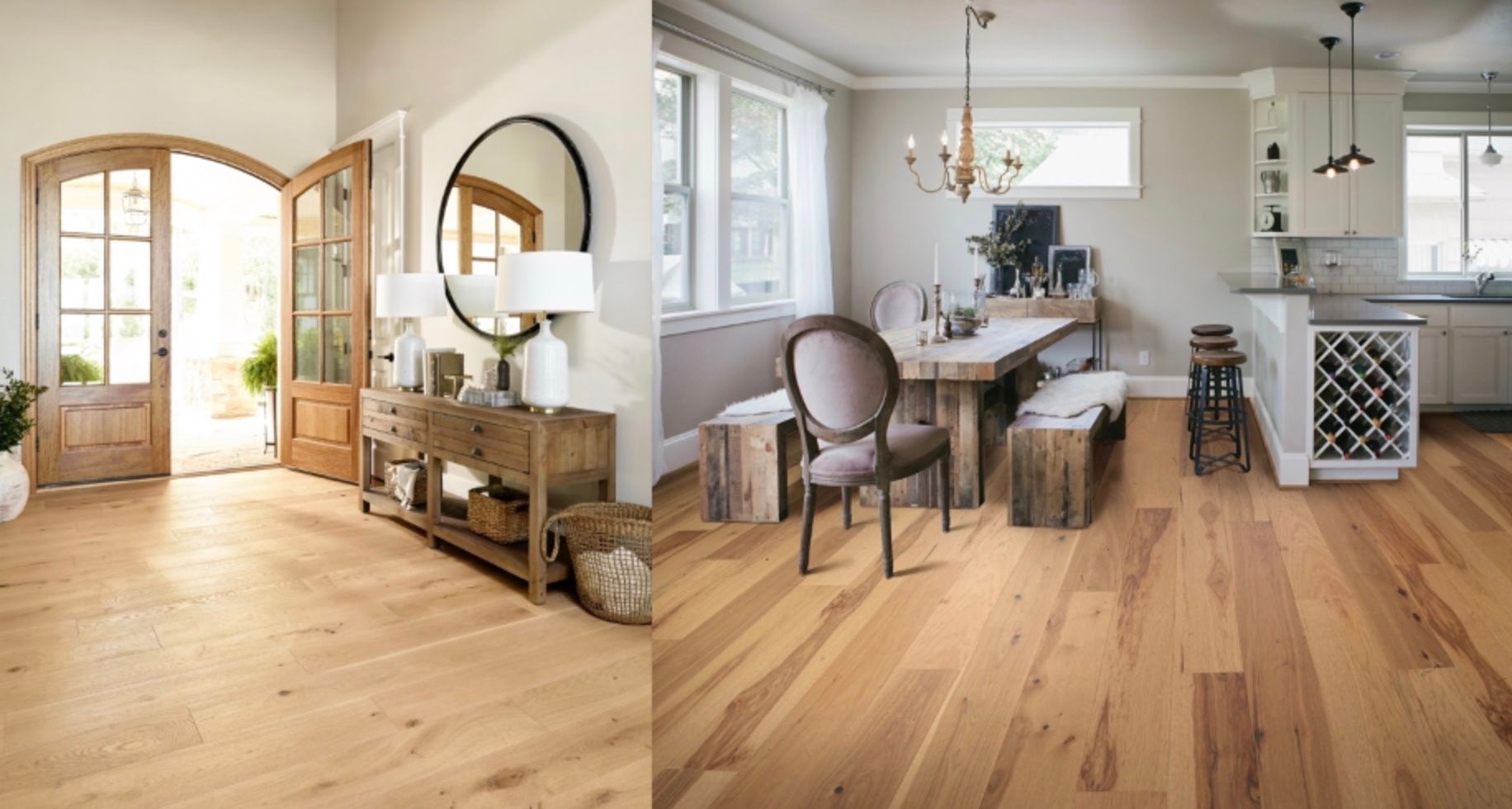 Light wood flooring in a home's entry and dining area with natural light and rustic decor.