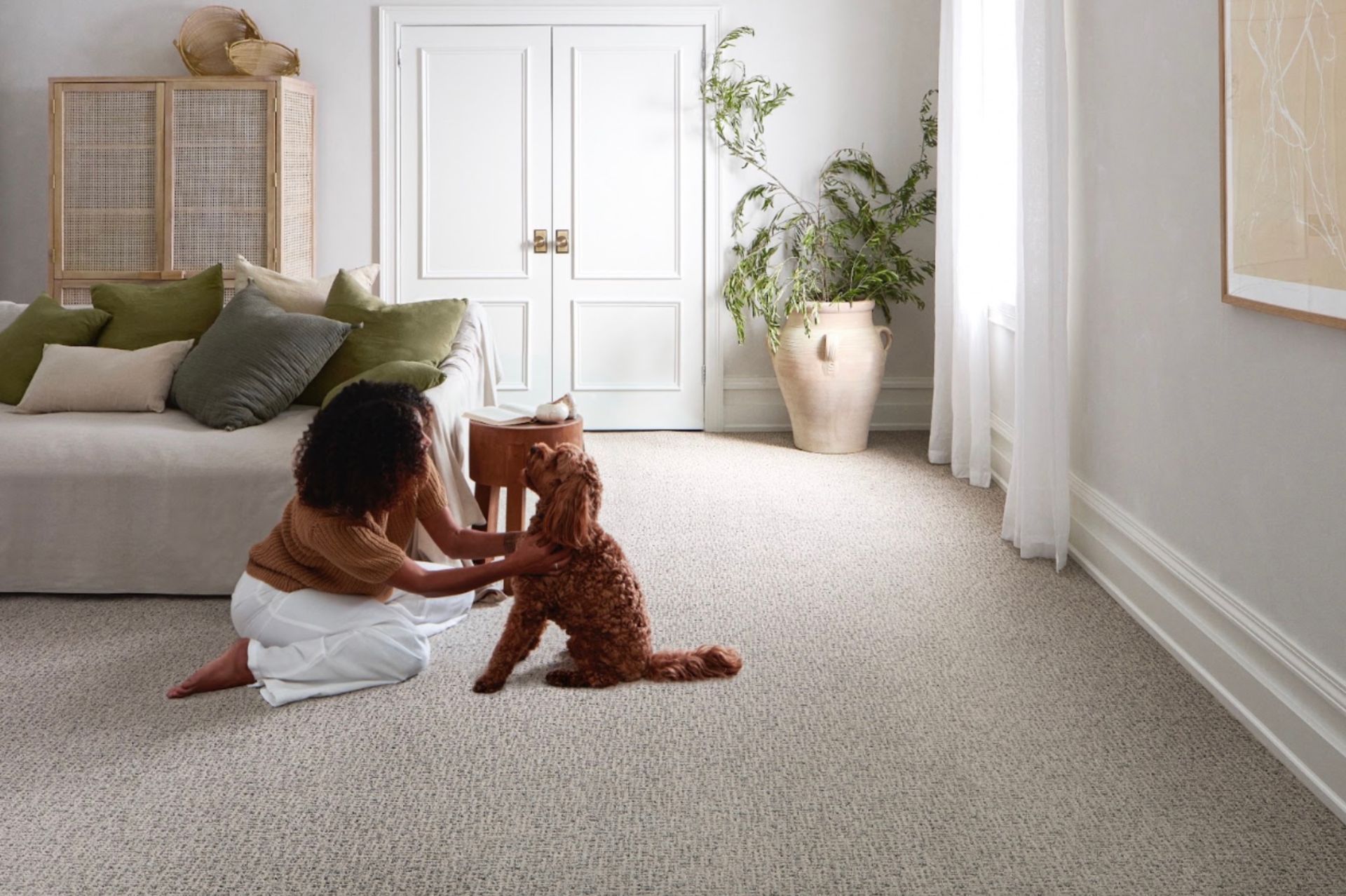 Woman on floor with a dog in a bright room with white walls, light-colored carpet, and white trim.
