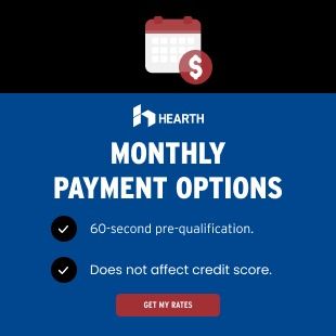 Advertisement for Hearth monthly payment options with a calendar and dollar sign.