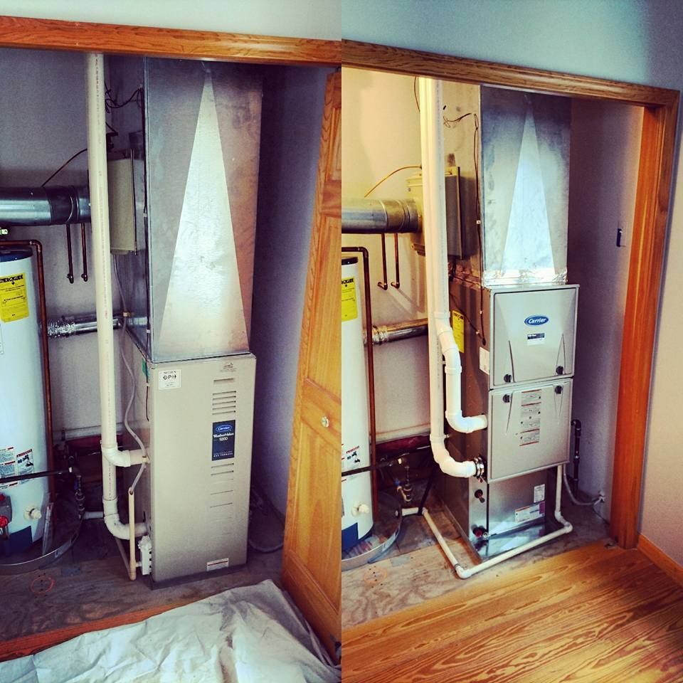 Two pictures of an air conditioner in a closet 
