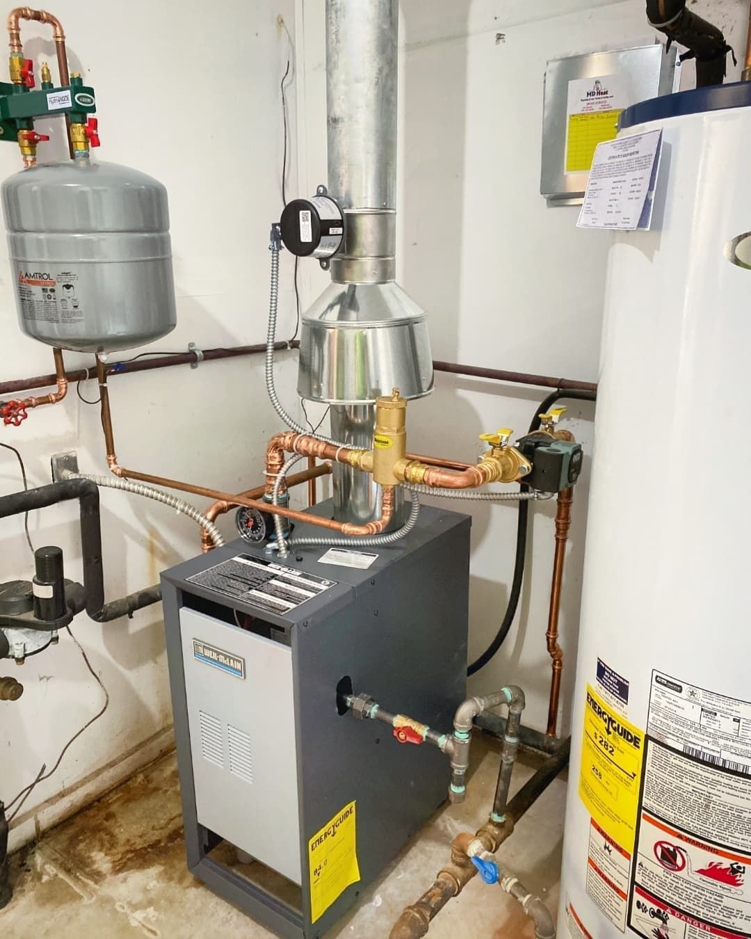 A water heater is sitting next to a boiler in a room.
