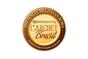 Gold circular logo for L'Archet Brasil, with “The finest Brazilian bows” and “Independent bow makers” text
