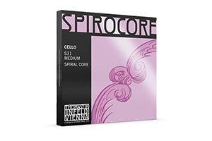 Spirocore cello strings box in black and pink packaging with spiral design