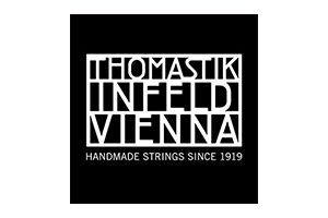 Thomastik-Infeld Vienna logo on a black square with white text, “Handmade Strings Since 1919”