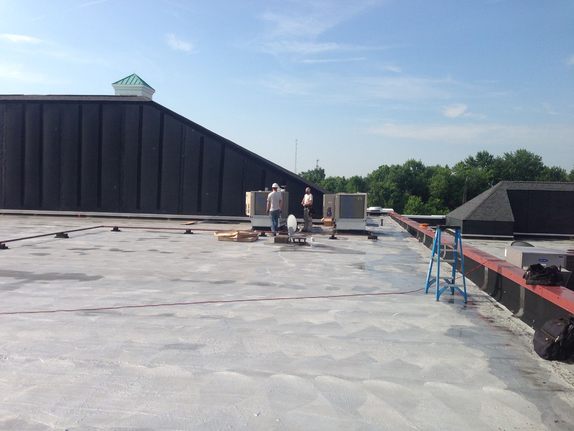 A group of people standing on top of a roof