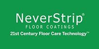 NeverStrip floor coatings logo on green background with “21st Century Floor Care Technology” text