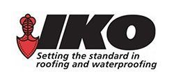 Logo for IKO roofing and waterproofing company. Features text and a shield with a stylized floral design.