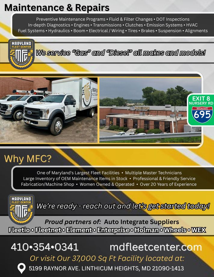 An advertisement for Maryland Fleet Center maintenance and repairs