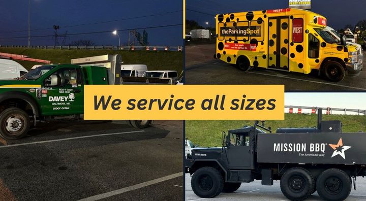 A collage of four pictures of trucks with the words we service all sizes.