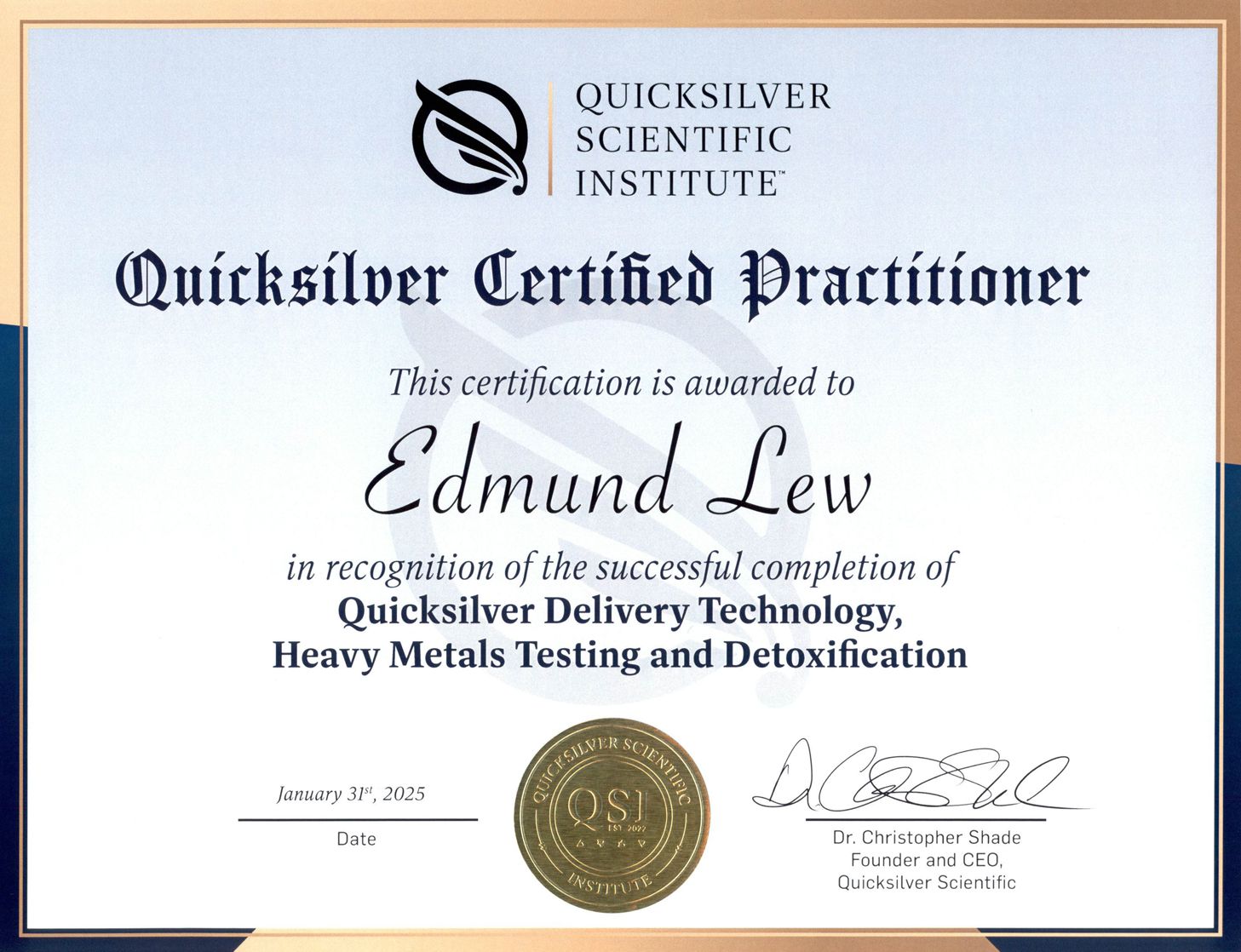 A quicksilver certified practitioner certificate is awarded to edmund lew