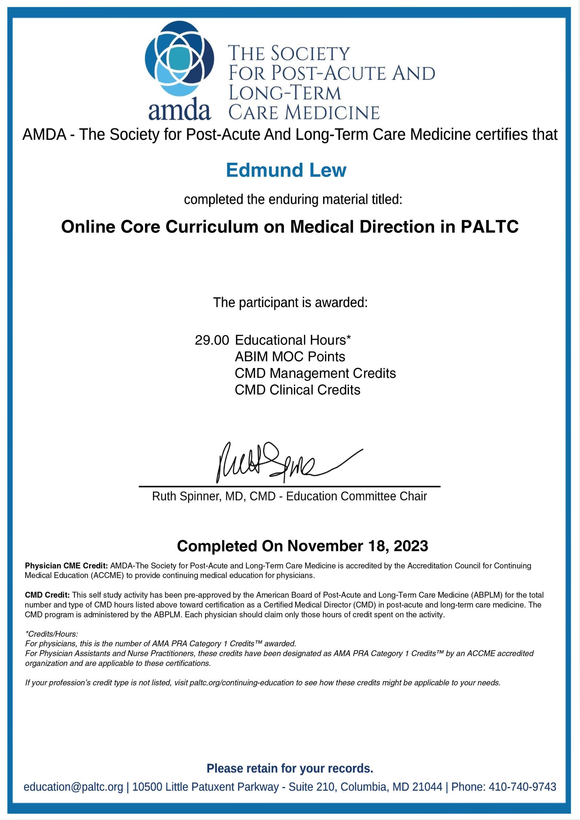 Online Core Curriculum on Medical Direction in PALTC