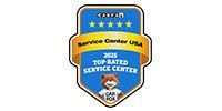 CARFAX Top Rated Service Center USA 2023 badge with fox mascot on a blue and gold background.