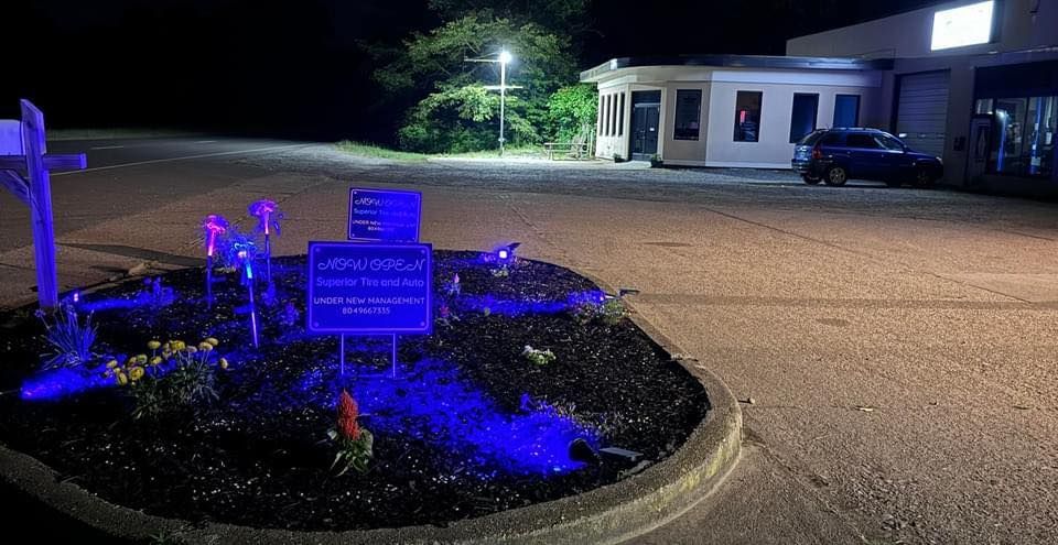 Memorial display at night with crosses, sign, and building in the background, illuminated in blue.